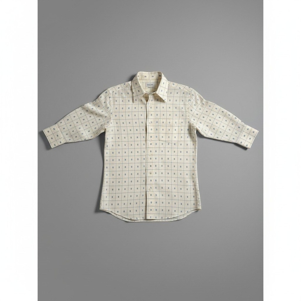 Montgomery Ward Vintage Grid Print Button Down Shirt,‎ Cream Navy, Men's L/S